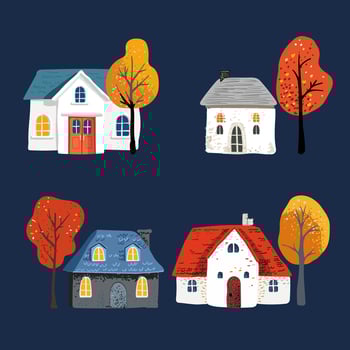 Set cartoon Village House with a roof. Folk yellow red leaves on a tree. Night on Postcard and poster. For print textiles vector