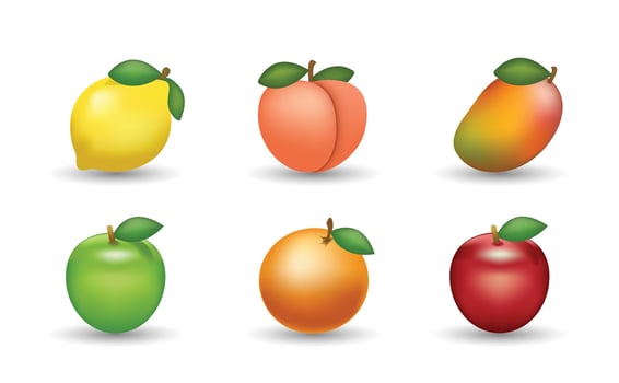 6 Emoticon isolated on White Background. Lemon, peach, mango, green and red apple, orange emoji Illustration. 3d Illustration set. Fruit set vector