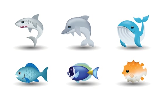6 Emoticon isolated on White Background. Blue fish, dolphin, shark, whale, puffer fish, surgeon fish emoji Illustration. 3d Illustration set. Fish and mammal set. vector