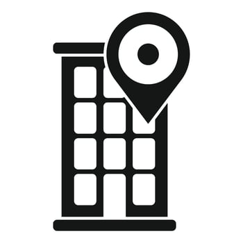 Black location pin icon pointing at office building vector