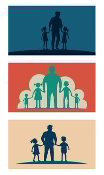 Three illustrated Father's Day cards featuring silhouettes of fathers with children against colorful backgrounds with clouds, hearts, and plants vector
