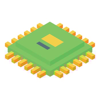 Green cpu processing unit isometric illustration with orange pins vector