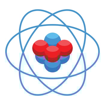Atom particles rotating around nucleus icon isometric style vector