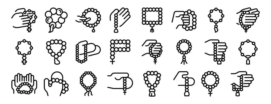 Prayer beads icons set. People praying holding rosary beads in hands minimalistic line art icon set vector