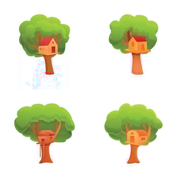 Cute house icons set cartoon . Cozy building on wood branch in garden vector