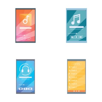 Media player icons set cartoon . Music player app on mobile phone vector