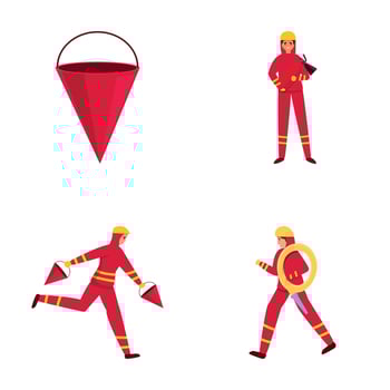 Fire department icons set cartoon . Firefighter with firefighting tool vector