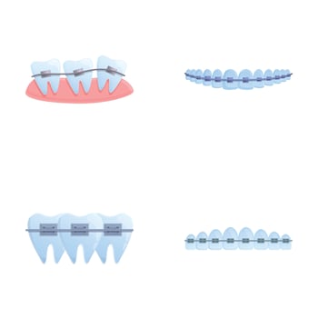 Brace system icons set cartoon . Orthodontic brace system on teeth vector