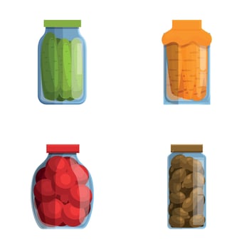 Canned vegetable icons set cartoon . Glass jar with preserved food vector