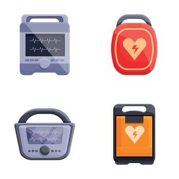 Defibrillator machine icons set cartoon . Automated external defibrillator vector