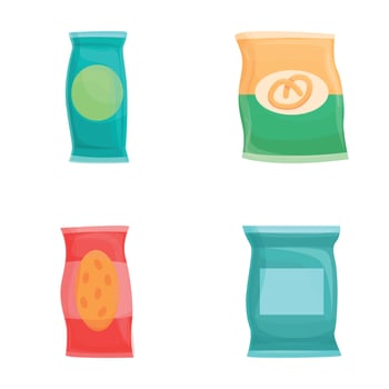 Snack food icons set cartoon . Various type of packaged snack vector