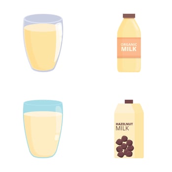 Vegetable milk icons set cartoon . Vegan milk in carton box bottle glass vector