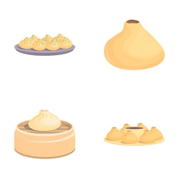 Fresh baozi icons set cartoon . Baozi with bamboo steamer basket vector