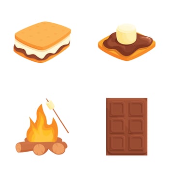 Collection of cartoon s'mores ingredients including marshmallow, chocolate, and biscuits on a white background vector
