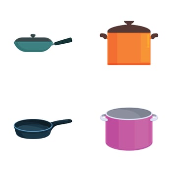 Colorful set of four cooking pot and pan icons, isolated on white vector