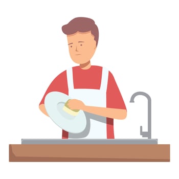 Man wearing apron washing dishes in the kitchen sink vector