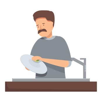 Man washing dishes in kitchen sink with sponge cleaning plate vector