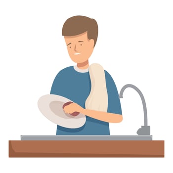 Sad teenager washing dishes in kitchen sink with sponge vector