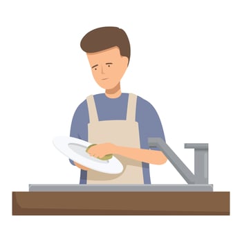Young house husband washing dishes in kitchen sink wearing apron vector