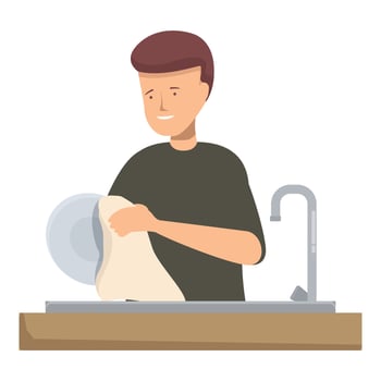 Young man washing dishes in the kitchen sink smiling and drying plate with a dishcloth vector