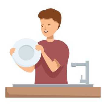Man washing dishes in kitchen sink holding plate smiling vector
