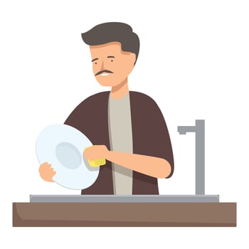 Man washing dishes in kitchen sink using sponge and soap vector