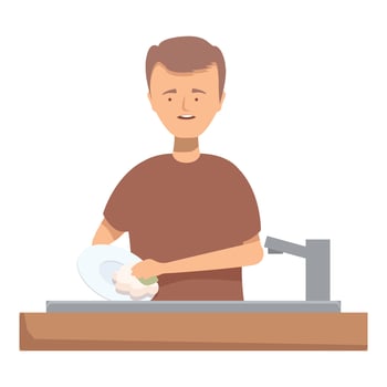 Young man washing dishes in kitchen sink with sponge vector