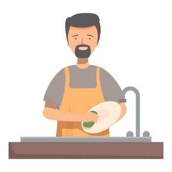 House husband washing dishes wearing apron in kitchen sink vector
