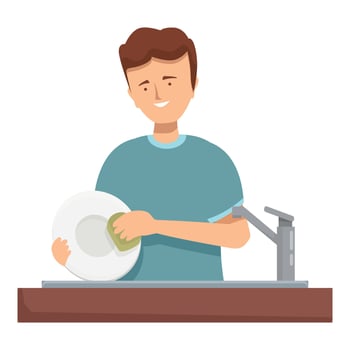 Young man is happily washing a plate in the kitchen sink vector