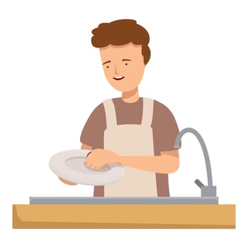 Young man washing dishes in kitchen sink wearing apron vector