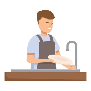 Young male dishwasher washing plate in restaurant kitchen sink vector