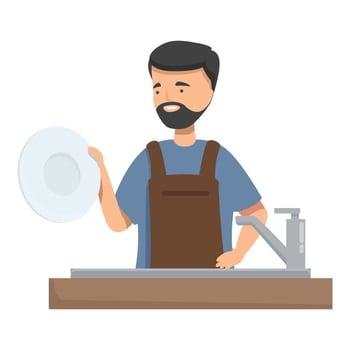 Happy waiter is washing dishes, he is about to rinse a plate vector