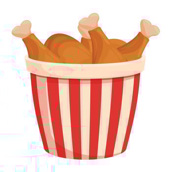 Three crispy fried chicken legs in red and white striped bucket vector