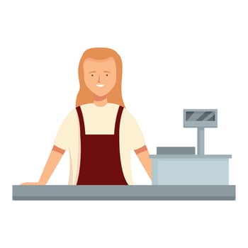 Young cashier woman standing at the checkout counter smiling at customer vector