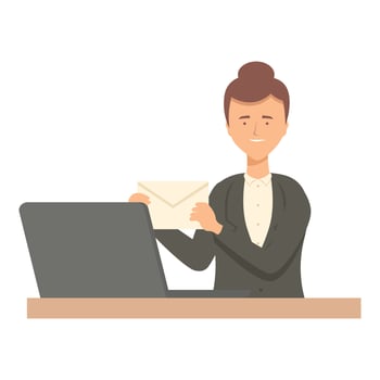 Businesswoman holding envelope sitting at desk with laptop computer vector