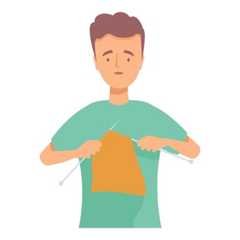 Young man knitting with yellow yarn and looking confused vector