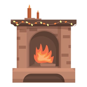 Brick fireplace burning with warm fire during christmas time vector