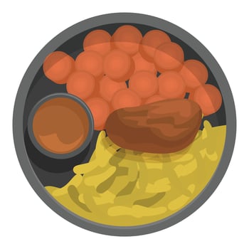 Round plate containing hearty meal with meat, potatoes, and gravy vector
