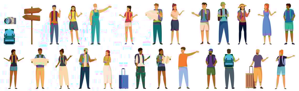 Tourist ask icons set. Tourists and travelers characters set, men and women with backpacks, suitcases and cameras are traveling vector
