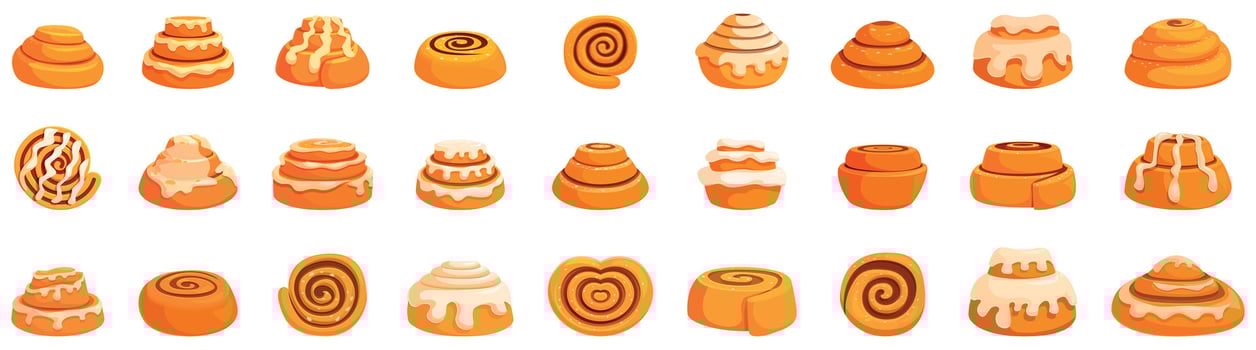 Cinnamon bun icons set. Delicious cinnamon rolls with white icing being iced in bakery window display vector