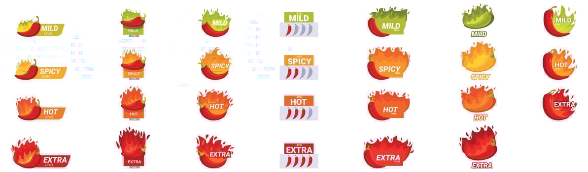 Spicy level icons set. Chili pepper measuring scale showing different levels of spiciness and hotness vector