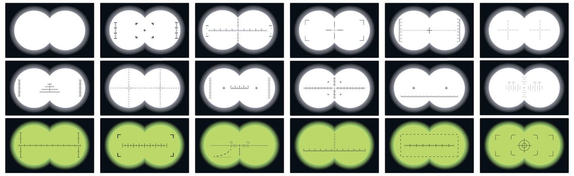 binoculars viewfinder icons set. Binoculars crosshairs set showing different viewfinders for aiming vector
