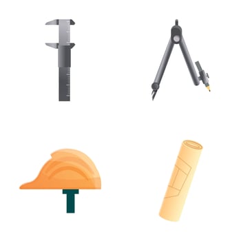 Builder equipment icons set cartoon . Precision measuring instrument vector