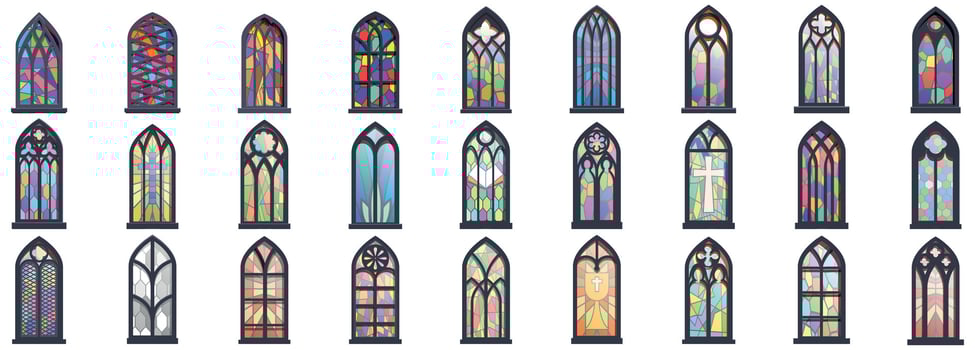 church glass icons set. Collection of colorful medieval style stained glass church windows vector
