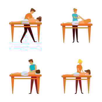 Massaging icons set cartoon . Masseur therapist doing healing treatment vector