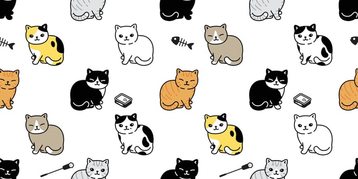cat seamless pattern calico kitten neko toy breed character cartoon pet tile background repeat wallpaper animal doodle illustration design scarf isolated vector