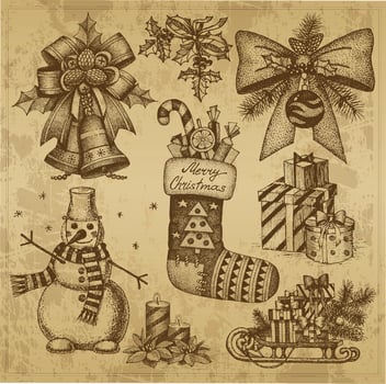 Christmas retro drawings by hand vector