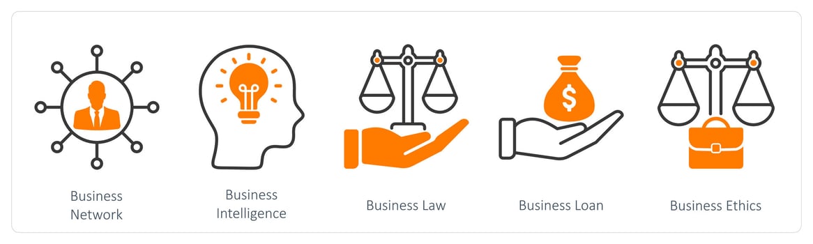 A set of 5 Business and Office icons as business network, business intelligence, business law vector