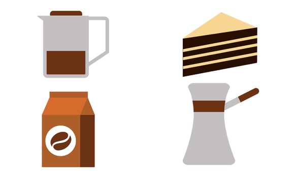 Coffee elements set. Machine, brewing tools, accessories, paper cups, glasses, beans, bags and baker vector
