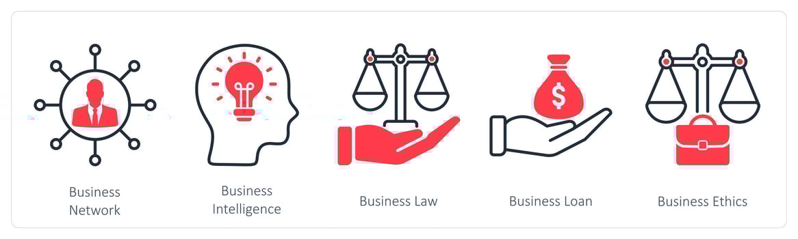 A set of 5 Business and Office icons as business network, business intelligence, business law vector